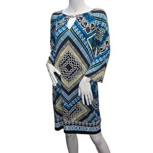 Laundry by Shelli Segal Blue Geometric Shift Dress Keyhole Neck 3/4 Womens S